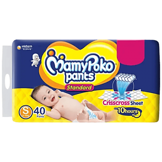 MAMY POKO PANTS | STANDARD BABY DIAPER | UP TO 10 HOURS ABSOBATION* | SMALL SIZE | 40 PCS PACK 