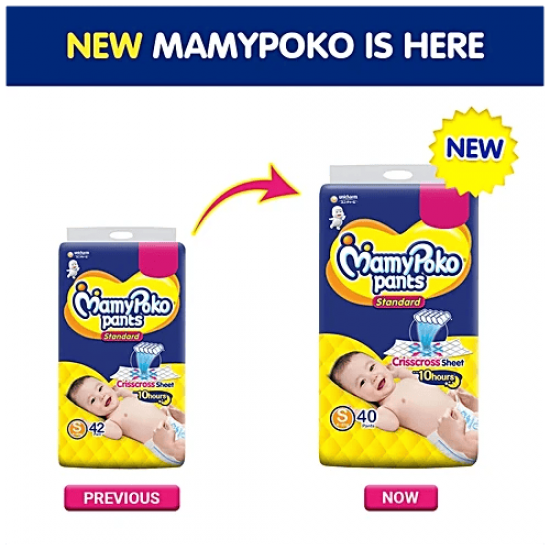 MAMY POKO PANTS | STANDARD BABY DIAPER | UP TO 10 HOURS ABSOBATION* | SMALL SIZE | 40 PCS PACK 